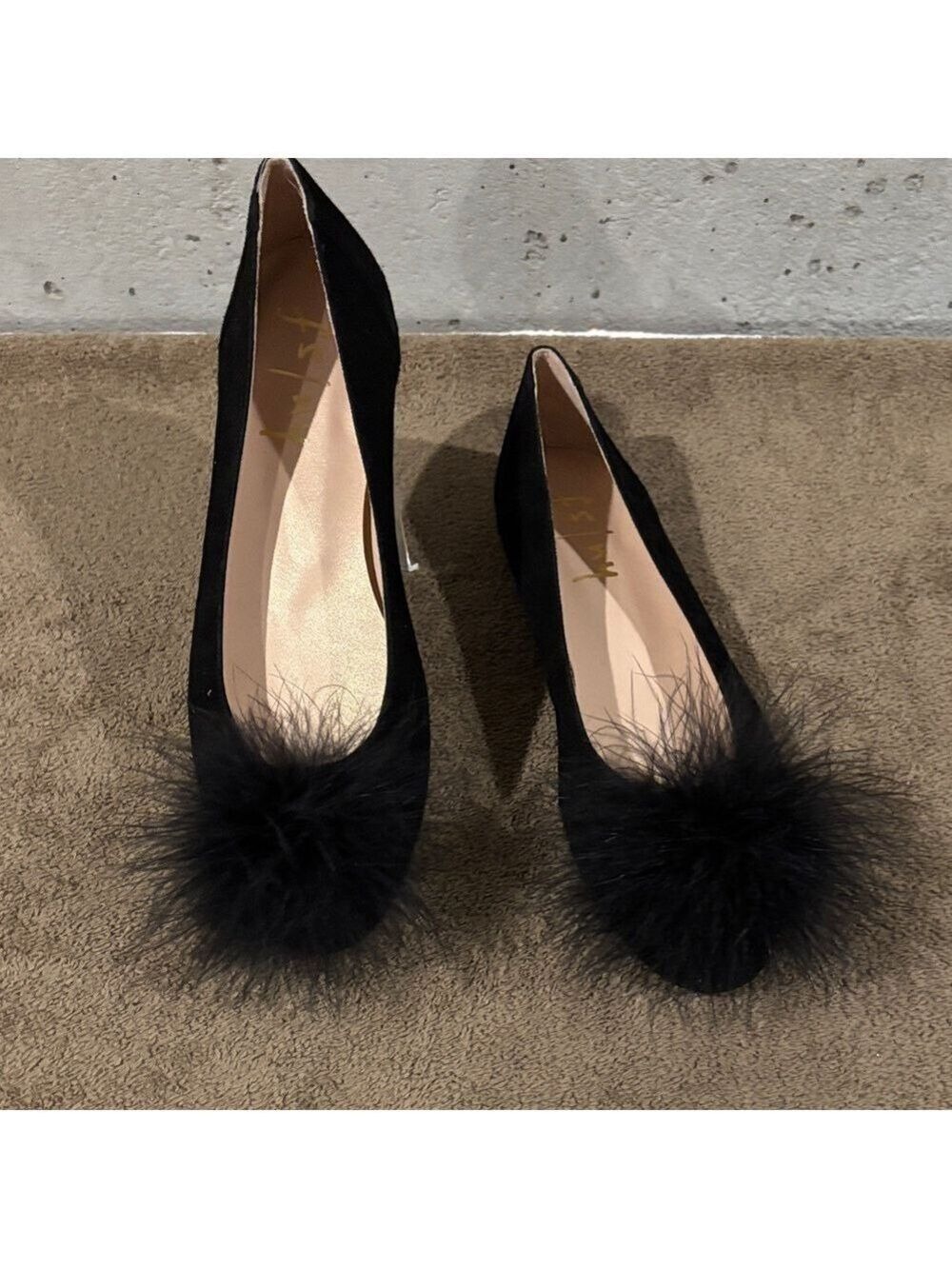 French Sole New York Black Suede Ballerina Flats w/ Ostrich Feather Accents-Sz 8